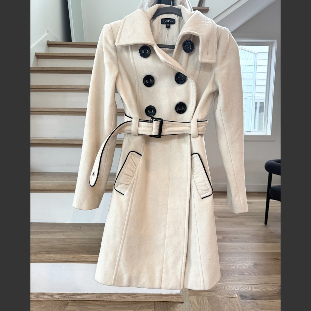 bebe Cream Pea Coat with Black Accents
